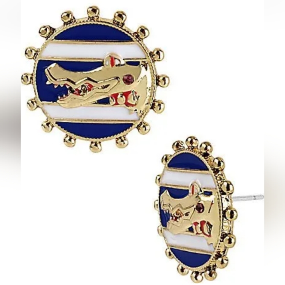 New Vintage! BETSEY JOHNSON Ivy League Collection Stripe Helm Alligator Earrings